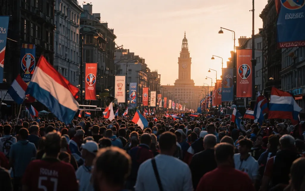 世界杯比赛日城市街区与球迷人潮的氛围图